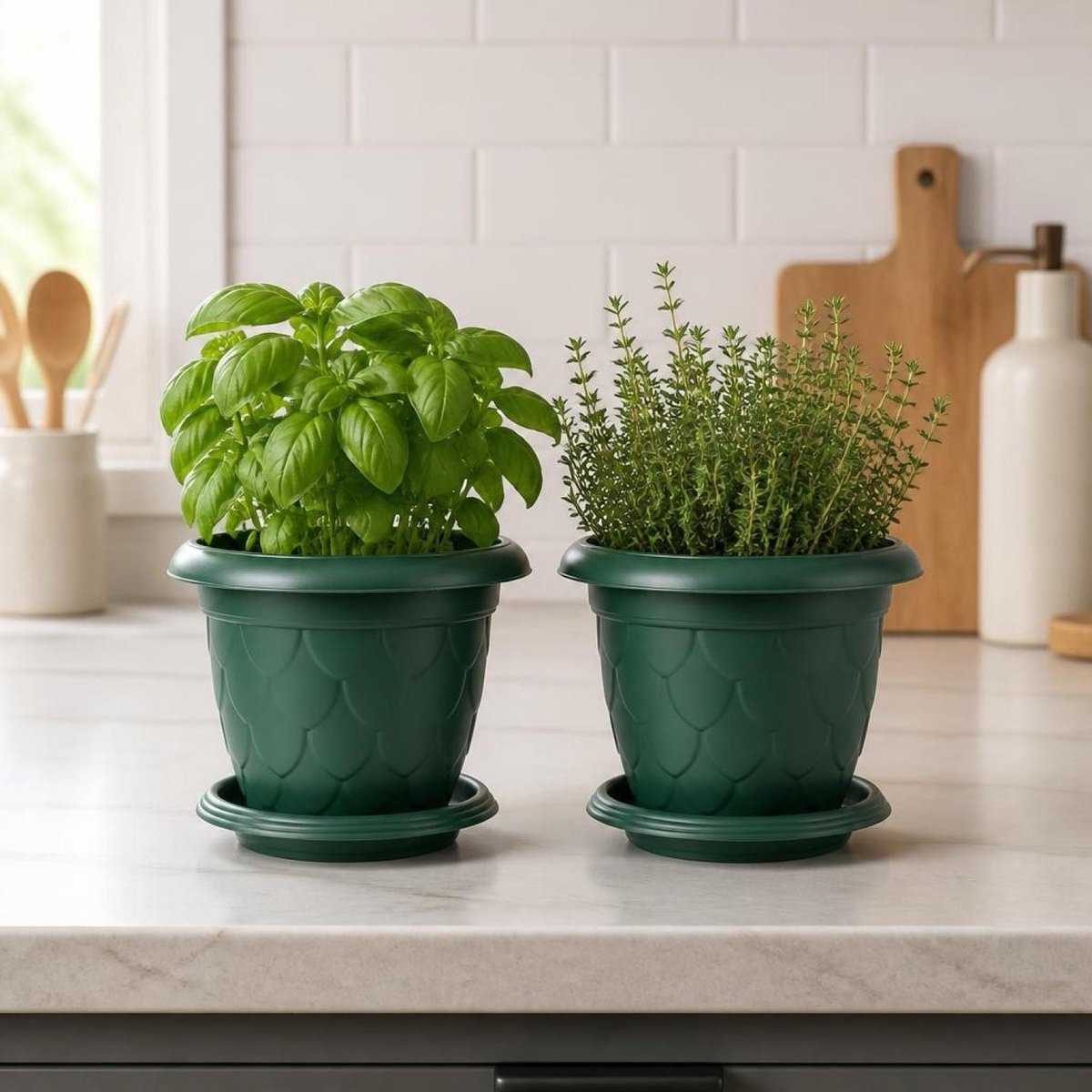 Serinova Damla Bloempot Set 2 Stuks - Ronde Plantenbak - Donker Groen 1,5 Liter - Kunststof - Met Gratis Waterschaal