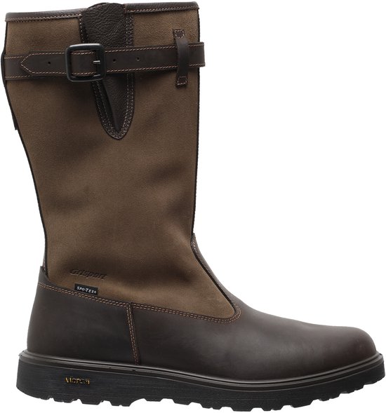 Bruine leren outdoorlaars van Grisport met suède, gesp en Vibram zool.