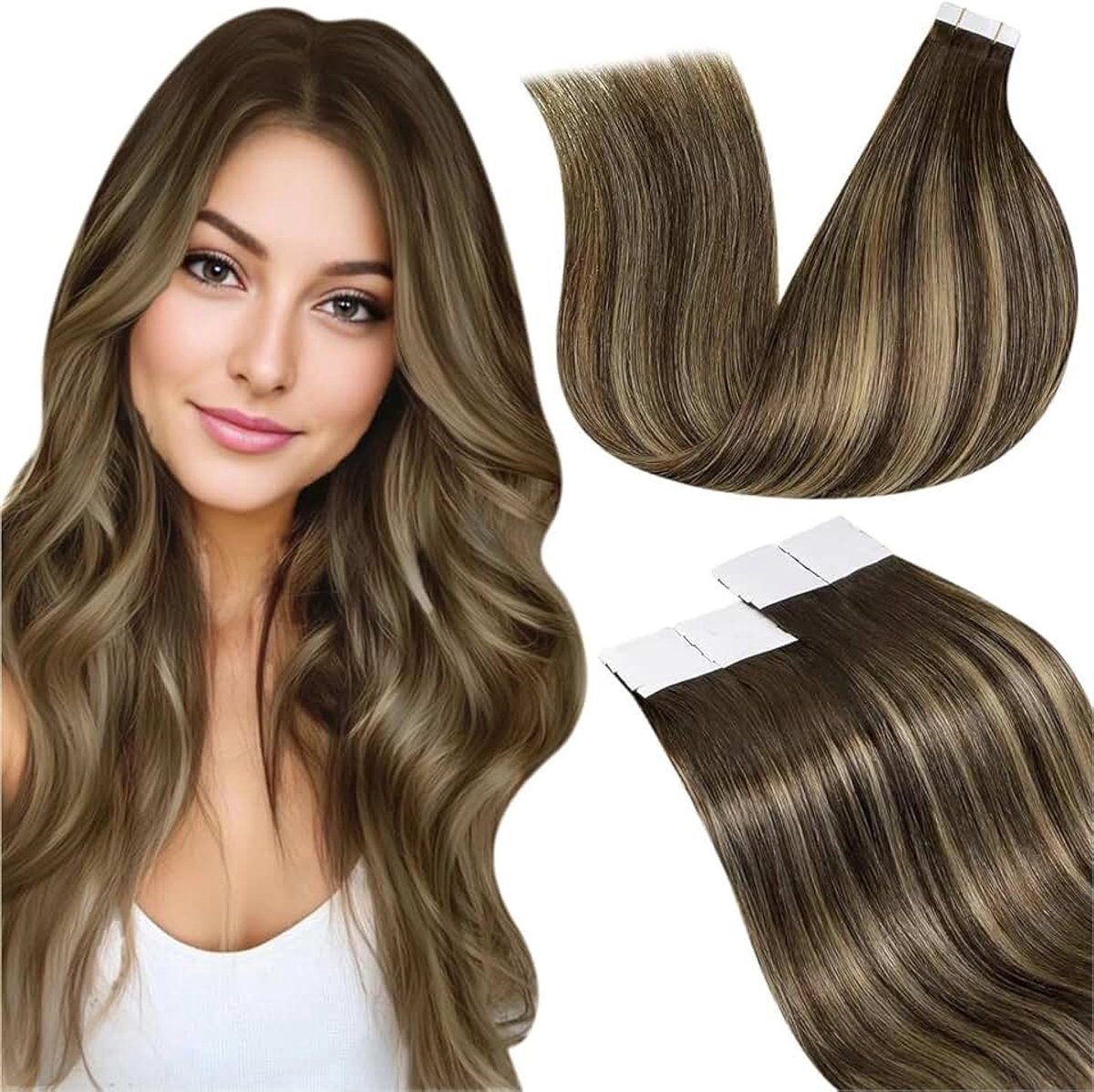 Tape in Hair Extensions Real Human Hair Balayage Donkerbruin Mix Caramel Blonde 30cm 20pcs 30g #4/27/4