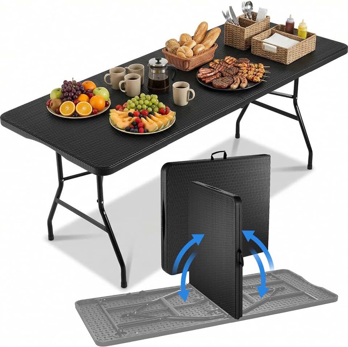 Tuintafel, inklapbaar, 180 x 75 cm, buffettafel, inklapbaar, kunststof, klaptafel met draaggreep, campingtafel voor 10 personen, weerbestendig, draagbaar, partytafel voor tuin, terras, balkon