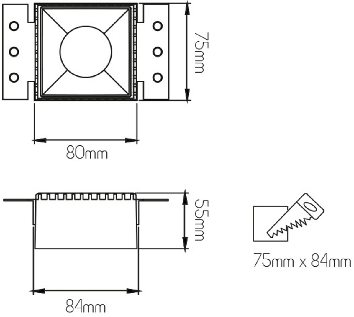 Casso vierkante randloze inbouwspot voor GU10 (excl. lichtbron), wit aluminium, 84 x 55 mm, IP20