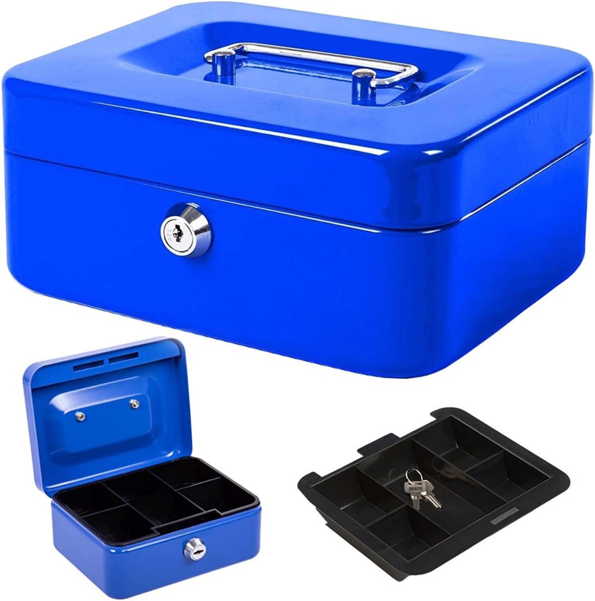 Grote Lock Box - Metalen Geldkist - Veilige Opslag - Dubbele Laag Indeling - 25 cm - Blauw