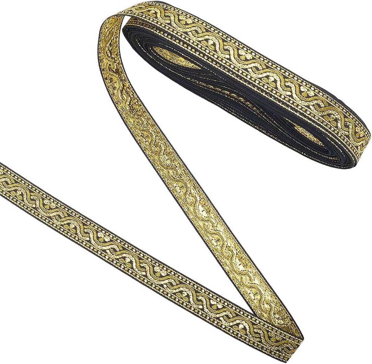 18.29M 22Mm Goud Zwart Jacquard Etnische Lint Metallic Kant Borduurwerk Geweven Glanzende Stof Fringe Accessoire Vintage Trim Voor Naaien Maken Kleding Woondecoratie Diy Craft Supply