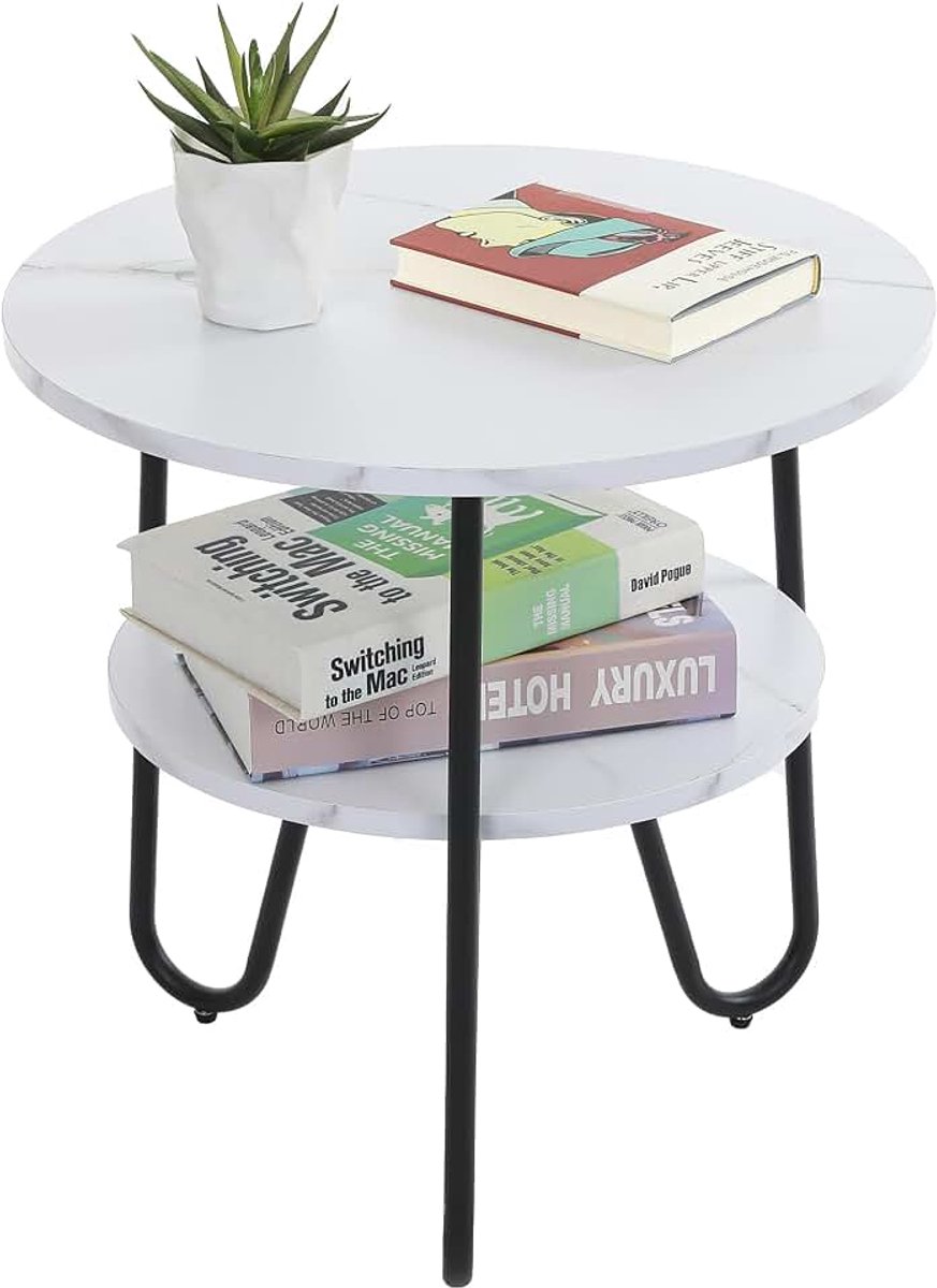 Salontafel rond, Bijzettafel, Woonkamertafel, Sofatafel, met 2 etages, 50cm, Salontafel hout, voor woonkamer, Metaal, eenvoudige montage (Wit)