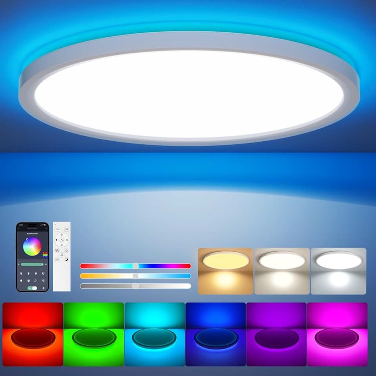 LED Plafondlamp Rond 24 W 30 cm Dimbaar met App Afstandsbediening | Platte plafondlamp met 3000-6500K RGB kleurverandering en slimme app-bediening voor slaapkamer, keuken en woonkamer