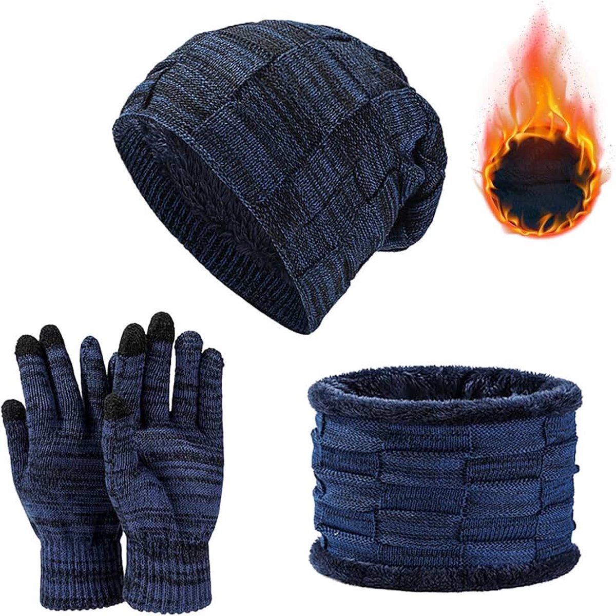 Sjaal Handschoenen Set 3 in1 Winter Warm Set Mannen Vrouwen Elastische Gebreide Beanie Hoed Neck Sjaal en Touchscreen Handschoenen Dikker Thermische Fleece Gevoerd Outdoor Sport Gift