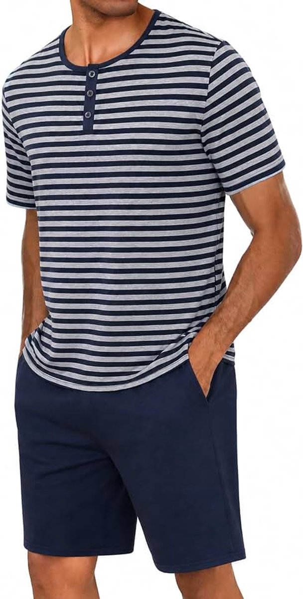 Heren korte pyjamaset heren katoenen loungebroek en T-shirt met korte mouwen en gestreept ontwerp heren pyjama nachtkleding loungewear set