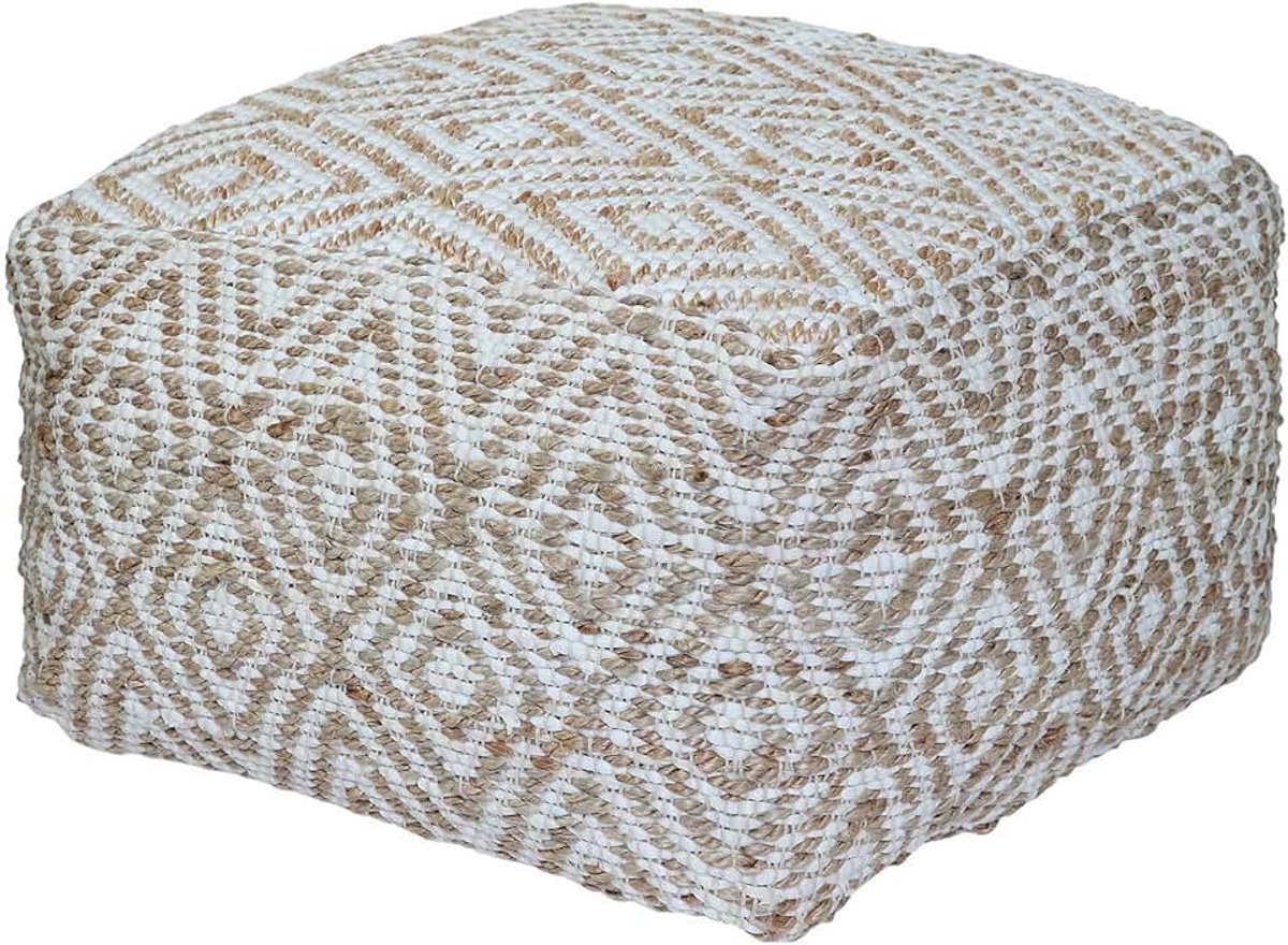 Geometrische diamant patroon vierkante bonen gevulde poef 'Sierra' Handgeweven natuurlijke hennep Chindi voetenbank, 60 cm vierkant