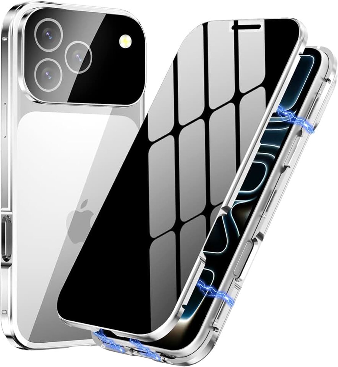 Case voor iPhone 17 Pro, Privacy Magnetische Metalen Cover met Ingebouwd Voor- en Achterkant Gehard Glas & Camerabeschermer, 360° Volledige Lichaamsbescherming, Zilver