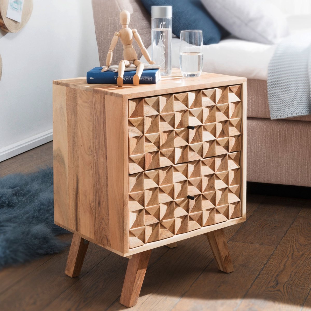 Ervesto Nachtkastje Rewa - Nachtkastje En Bijzettafel - Acacia Massief Hout - 44x61x35 Cm - Modern Landelijk Design - 2 Lades - Voor Boxspring En Slaapkamer