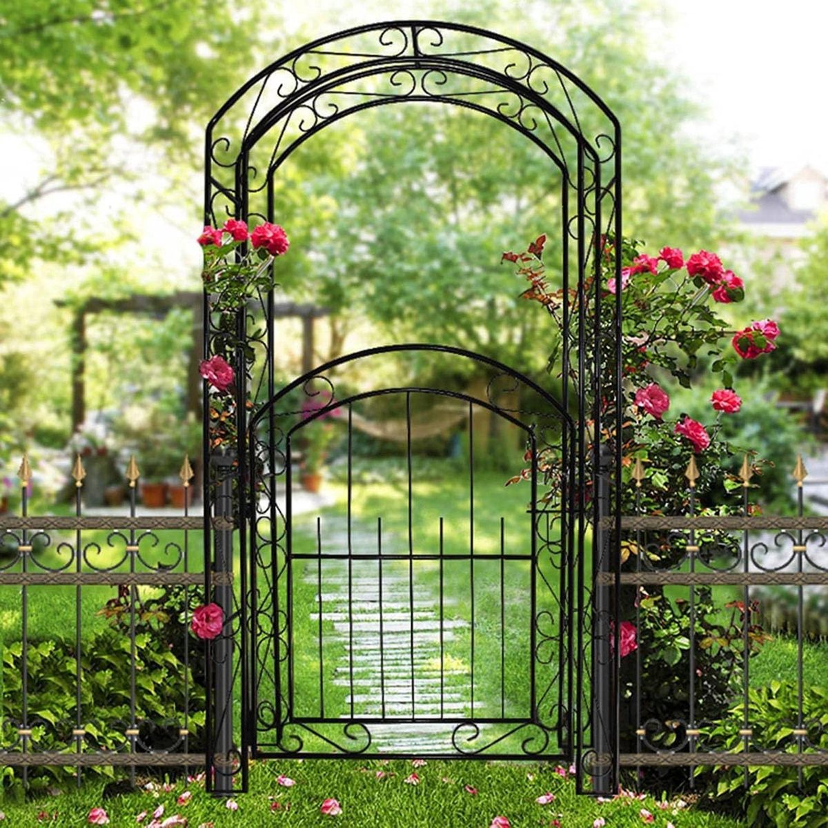 Metalen Rozenboog - Tuinboog Klimsteun - Tuindecoratie Bruiloft - Met Deur Ontwerp - 115 x 215 x 43 cm - Zwart