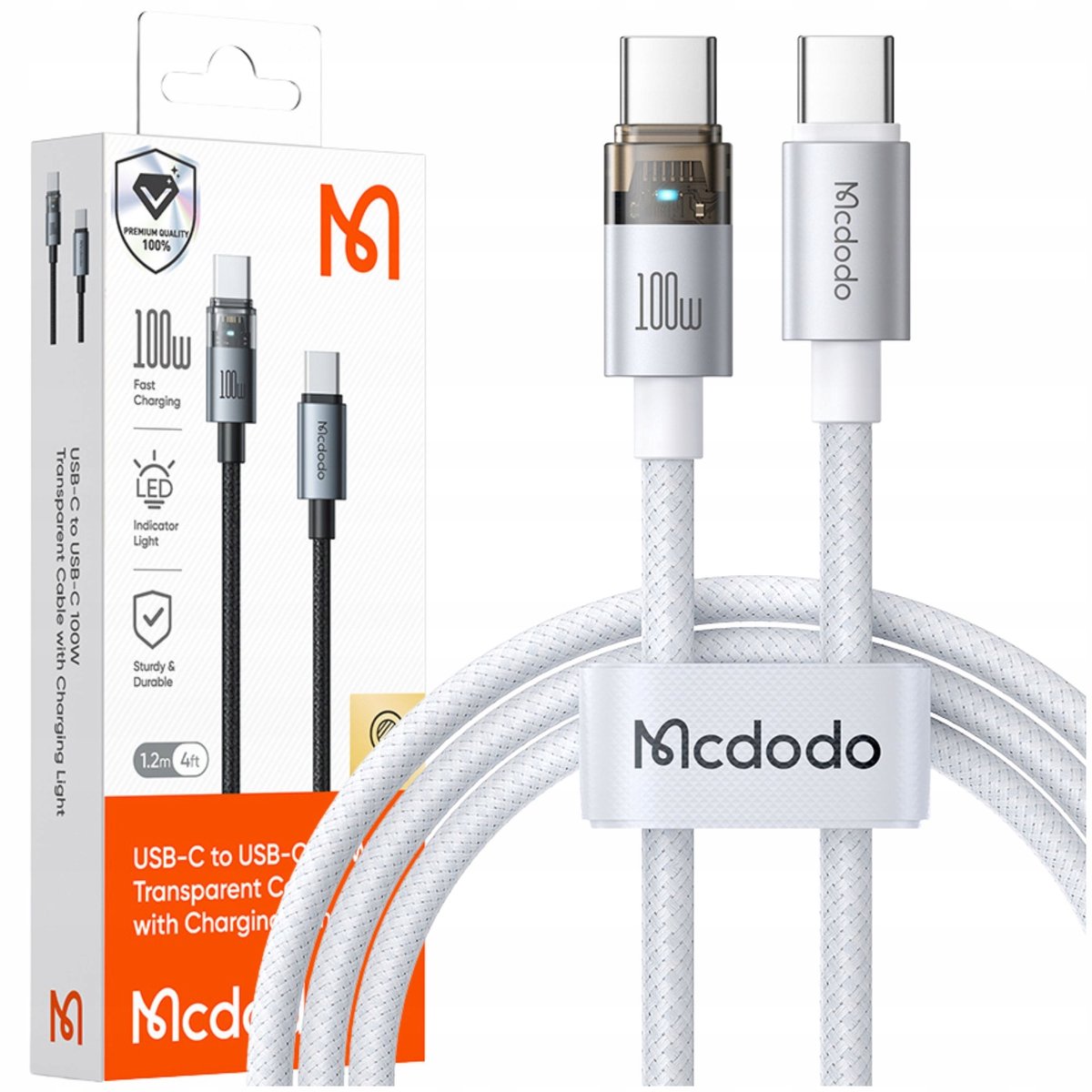 Mcdodo USB-C Kabel 100W PD Snel Laden met LED Indicator - 1,2m Wit