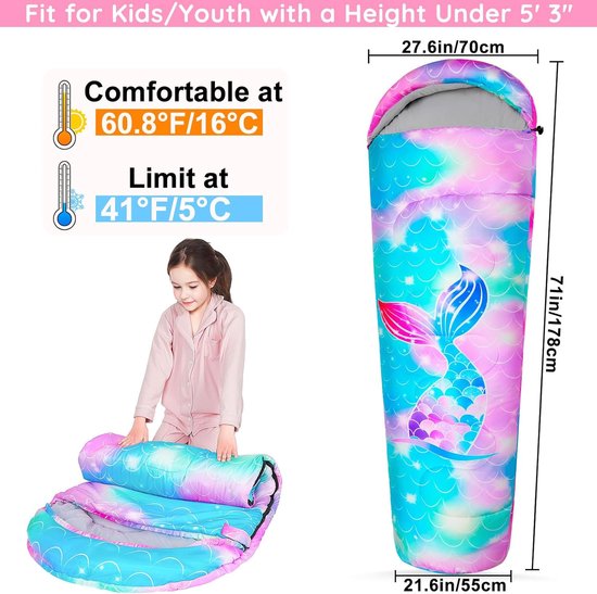 Kinder Slaapzak - Slaapzak Kind - Kamperen Buiten - Waterafstotend Materiaal - 178 x 71 cm - Zeemeermin van Kinder — afbeelding 5