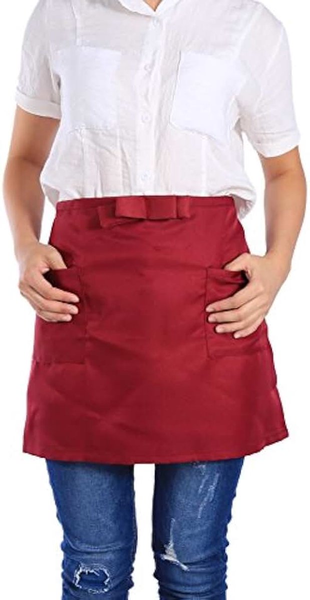 Taille schort, halve lengte kort schort unisex strik type met zakken voor bar ober serveerster (Bourgondië)