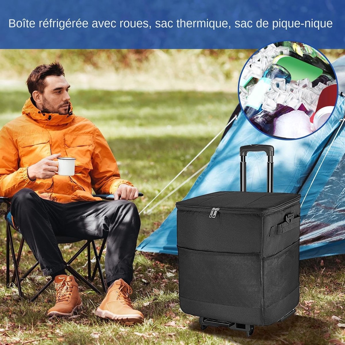 Koelbox met wielen - Geïsoleerde mand - Buitenactiviteiten - Verstelbaar handvat - 35 liter - Zwart
