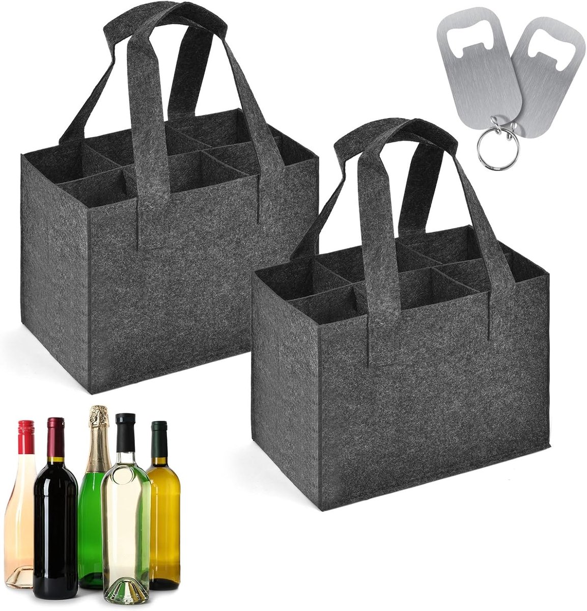 2 stuks Flessentas van vilt met 2 flesopeners, Flessenzak met 6 uitneembaar compartiment, vilten flessenzakken, bierhouder, Ideaal voor boodschappen en het vervoeren van lege flessen, 25*16*18cm