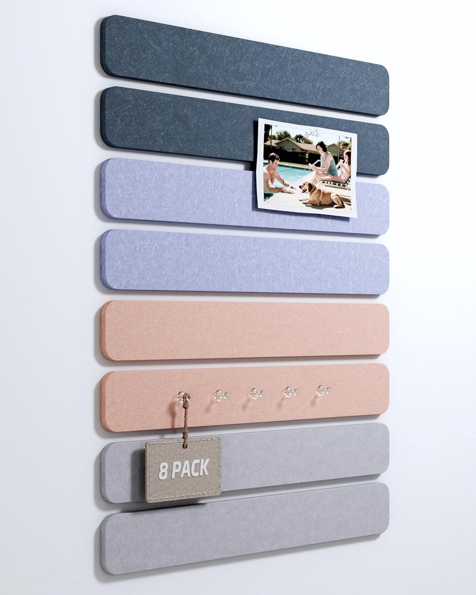 Viltbord voor bureau, 33 x 5 cm, 8 stuks wandpanelen van vilt met sticker en 30 punaises, foto/memo/display voor school, huis, keuken, grijs gemêleerd