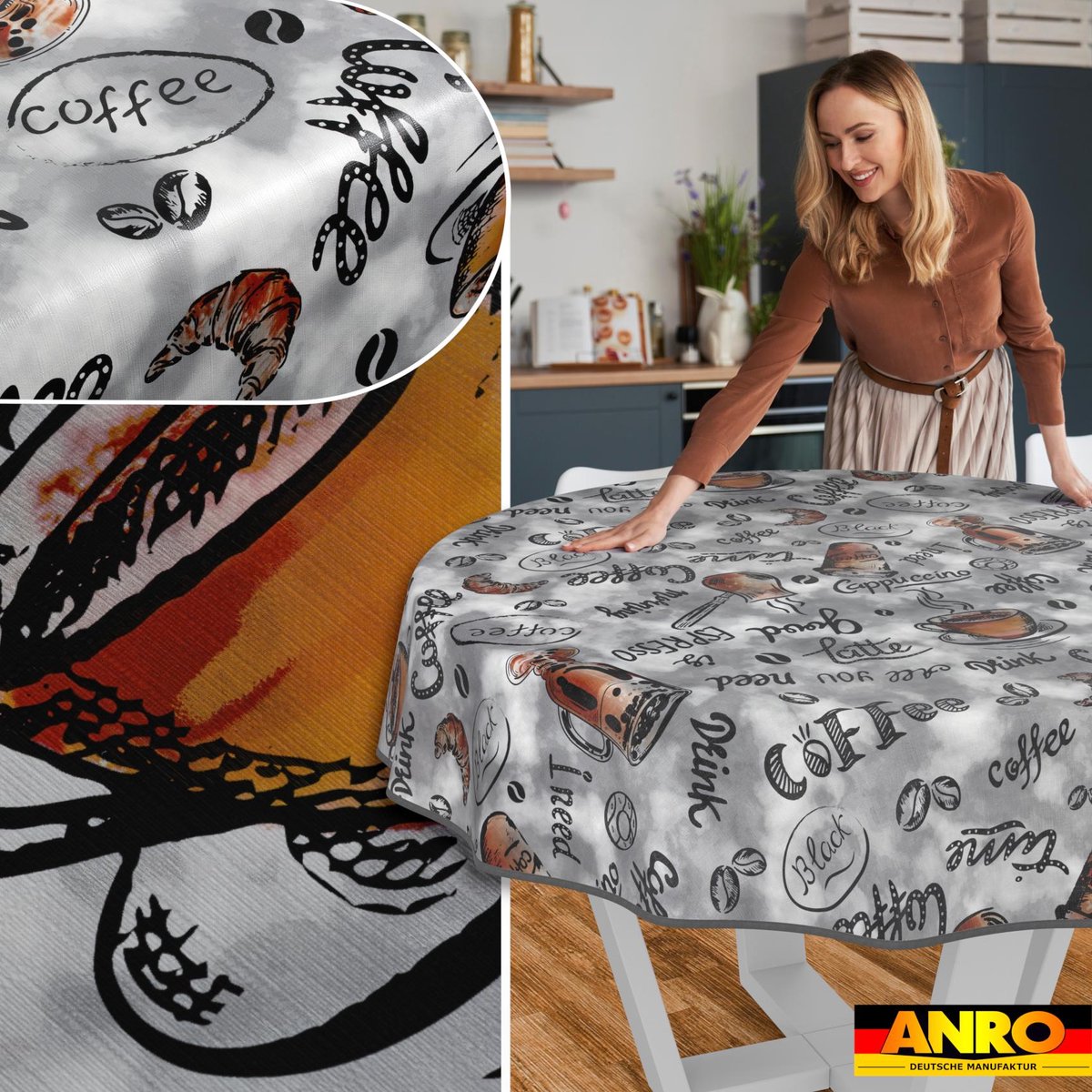 ANRO Tafelkleed Koffie Grijs Rond Ø120cm Met sierband Afwasbaar Waterafstotend Binnen & Buiten