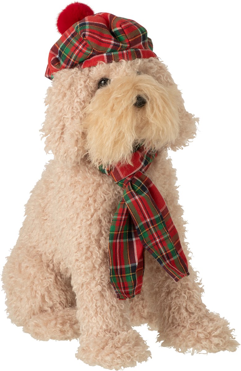 J-Line Hond met baret en sjaal - stof - beige/kerstrood