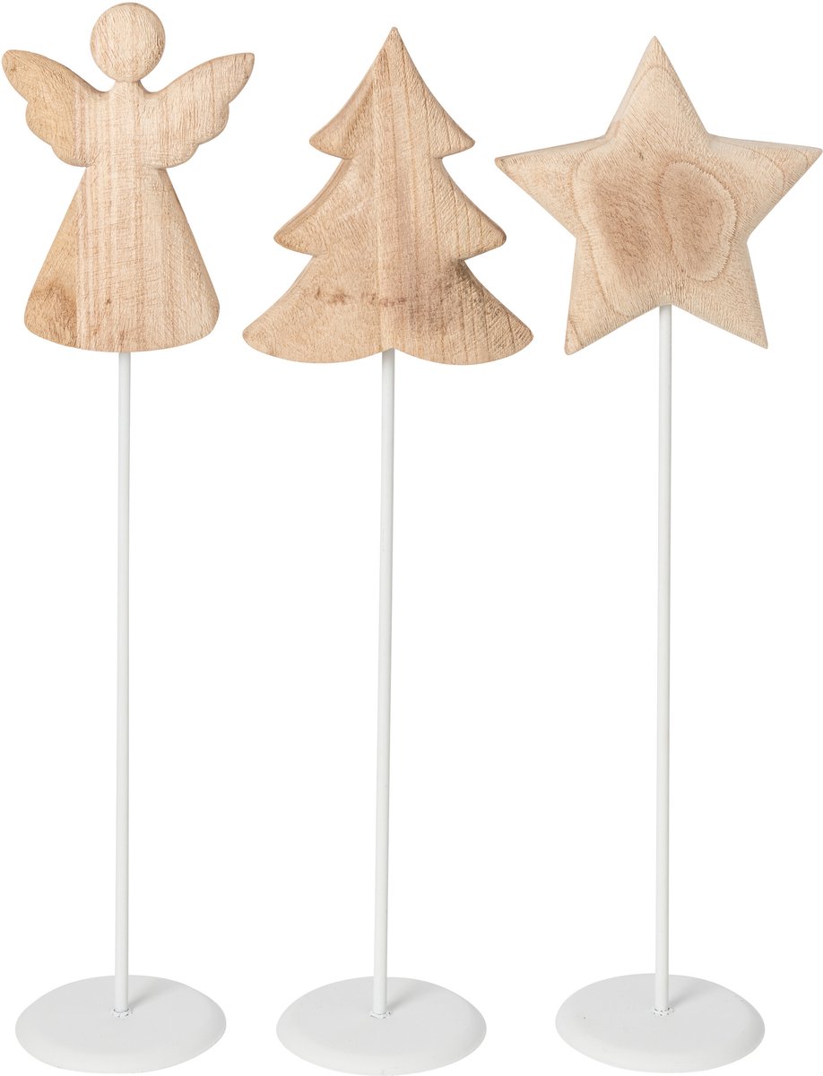 J-Line Engel, boom en ster - paulowniahout - wit/naturel - large - assortiment van 3