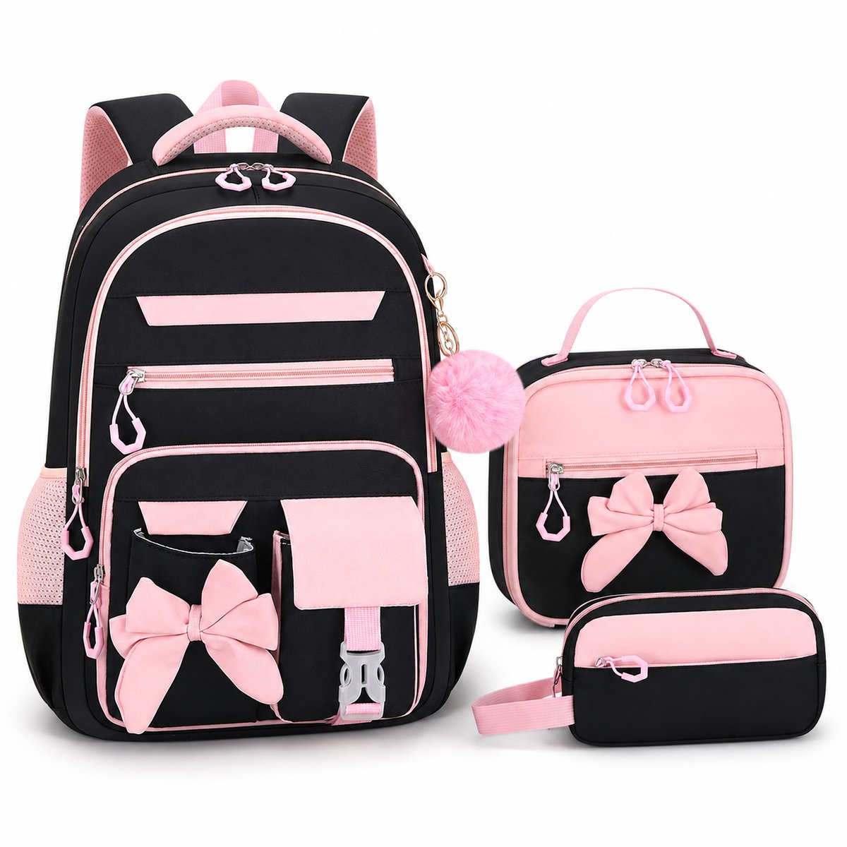 Meisjes Rugzak Set 3-delig - Schooltas Meisje met Geïsoleerde Lunchtas en Pennenzak - Ergonomische Kinderrugzak met Reflecterende Strips - Waterafstotende Boekentas voor Basisschool - Zwart en roze