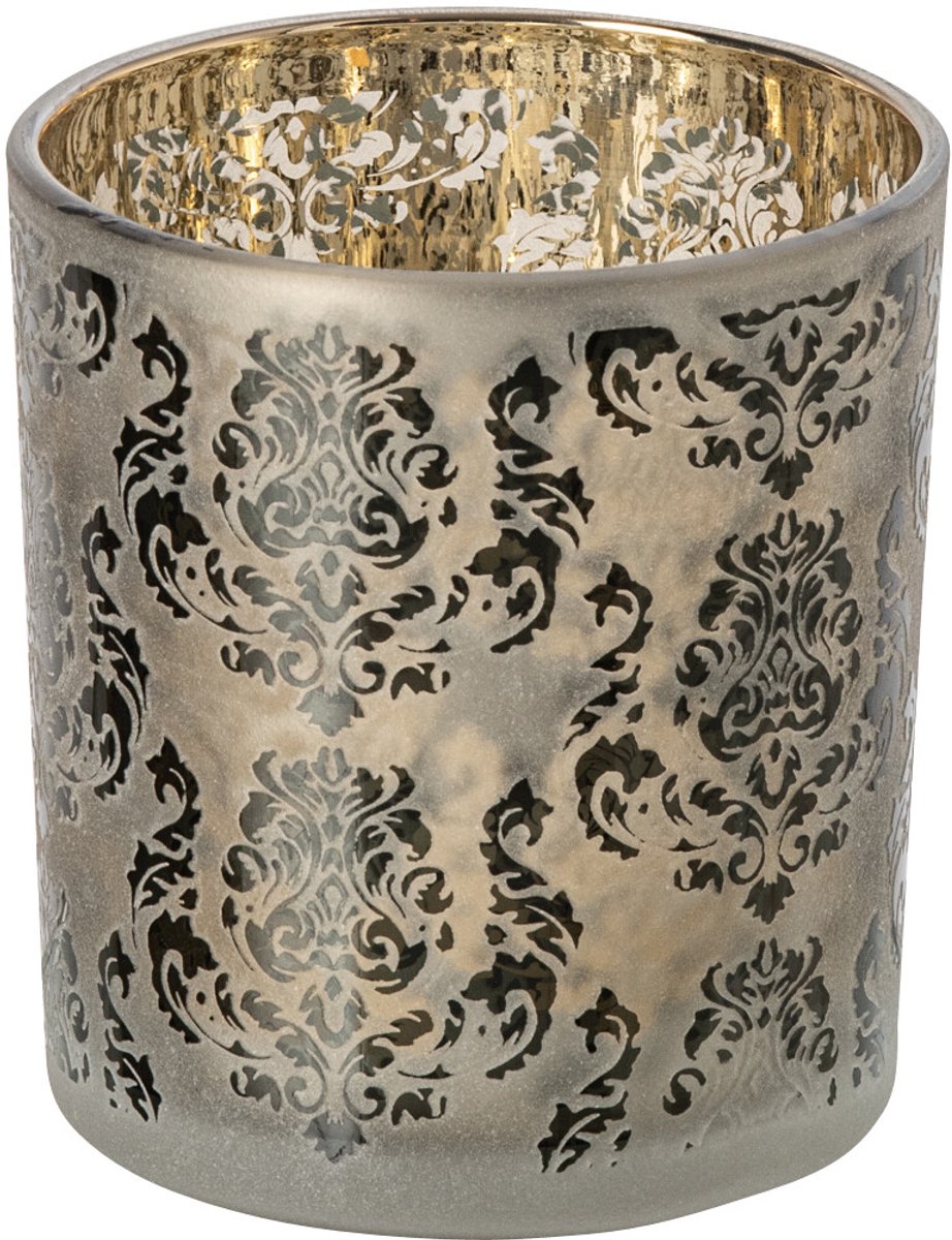 J-Line Windlicht met bloemen - glas - kakigroen/goud - small - set van 4
