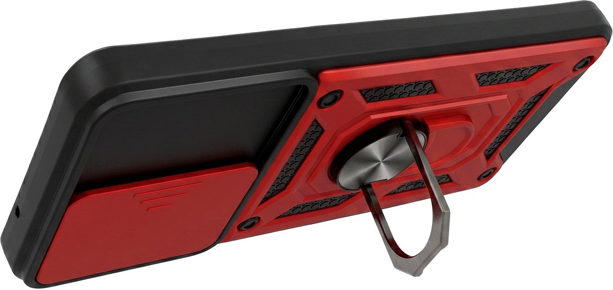 Mayaxess, Hoesje geschikt voor Galaxy S21 FE met Schuifbare Camerabescherming en Magnetische Ring, Rood