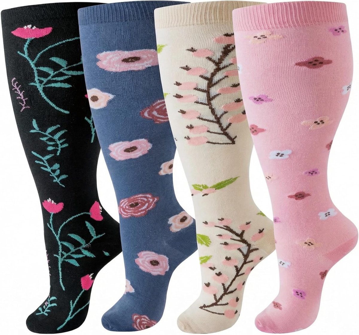 4 paar compressiekousen voor dames en heren, grote steunkousen, brede kuitomvang, compressiekousen voor dames, ondersteuning van de bloedsomloop, antitrombosekousen voor dames voor sport