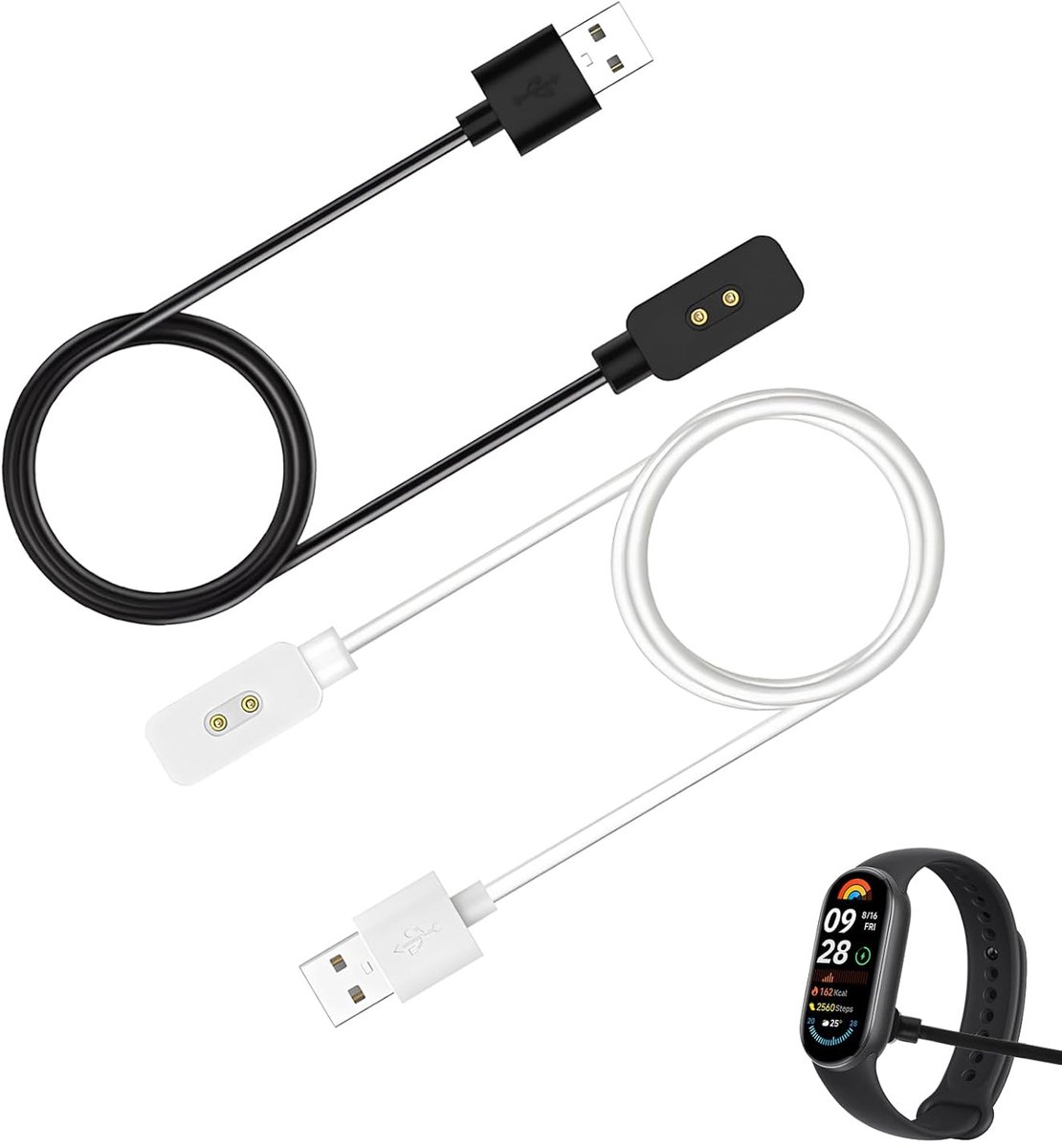 USB-oplaadkabel voor smartwatch, compatibel met Xiaomi Band 8 en 9-serie incl. Pro, NFC en Active, evenals Redmi Watch 5 en 4-serie, vervangende oplaadkabel, 100 cm, wit en zwart, 2 stuks