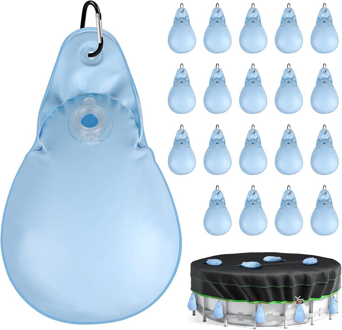 20 stuks zwembadafdekking, gewichten, waterzak, druppelvorm, zwembad, verzwaringszak met karabijnhaak, zwembadwaterzak, pvc, zwembadafdekking, hangende tas, zwembad, wandtassen voor