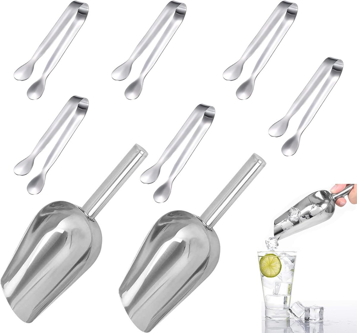 8 stuks Candy Bar accessoires, 2 stuks ijsschep en 4 stuks suikertang, roestvrij stalen suikertang, snoepbar-schep, candybar accessoireset voor buffet, grill, bruiloft, bar, party, verjaardag