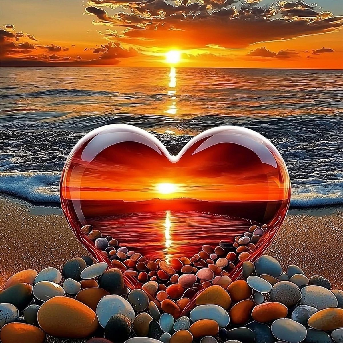 Diamond Painting met hart, voor volwassenen, 5D, strand, zonsondergang, afbeeldingen voor volwassenen, beginners, doe-het-zelf volledige boor, afbeeldingen voor thuis, wanddecoratie, 30 x 30 cm