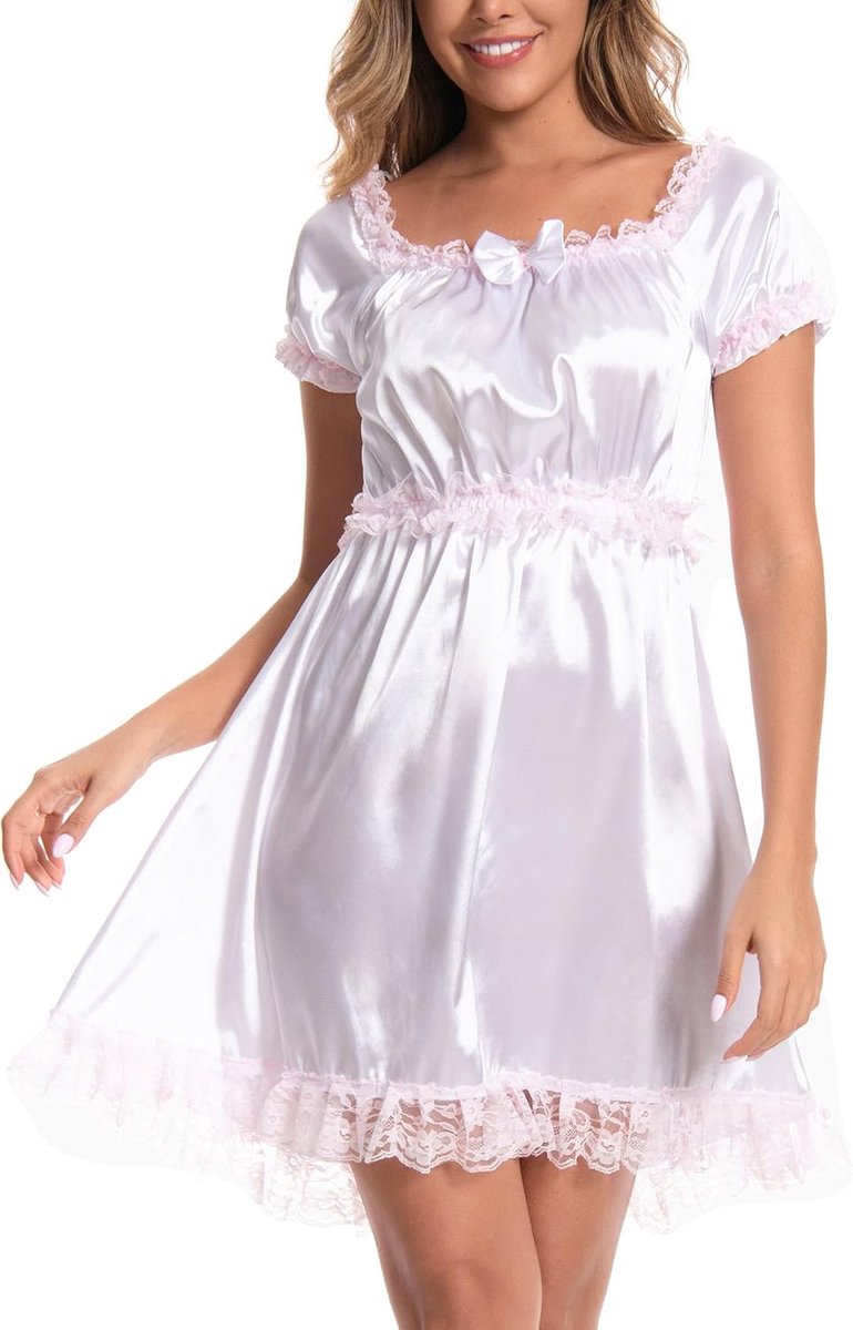 Sissy Satijnen Nachthemd Dienstmeisje Kant | Bijpassende Strik, Elastisch bij Halslijn en Taille, Wijde Klokrok, Zonder Rits, Maten S-XXL