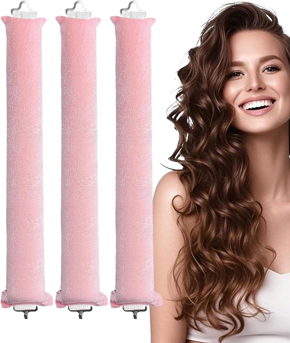 Krulspelden, overnight krullen, heatless krulband met haken, overnight blowout krullen zonder hitte, kapselset voor kort en lang haar (roze)
