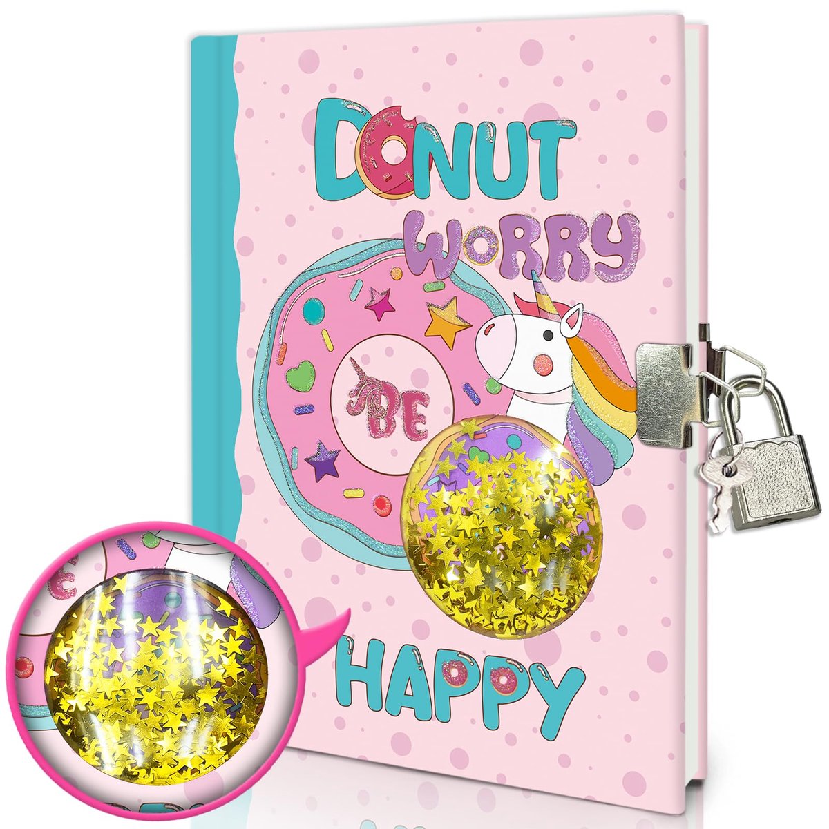 Donut dagboek met slot 17.8x13.5cm - schudbare pailletten - 160 pagina's - leuk voor meisjes - SnelShoppen