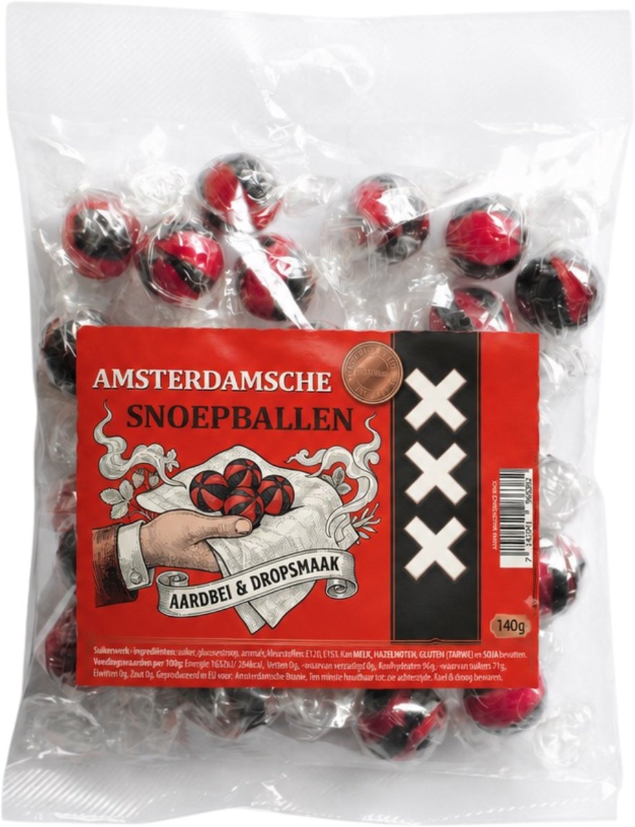 Zakje Amsterdamse Snoepballen - 5 pack - 5x 140gr - Aardbei/drop