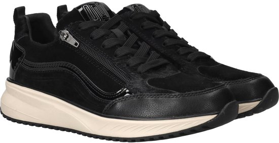 Zwarte lage sneaker van Waldlaufer met suède, lakdetails en rits.