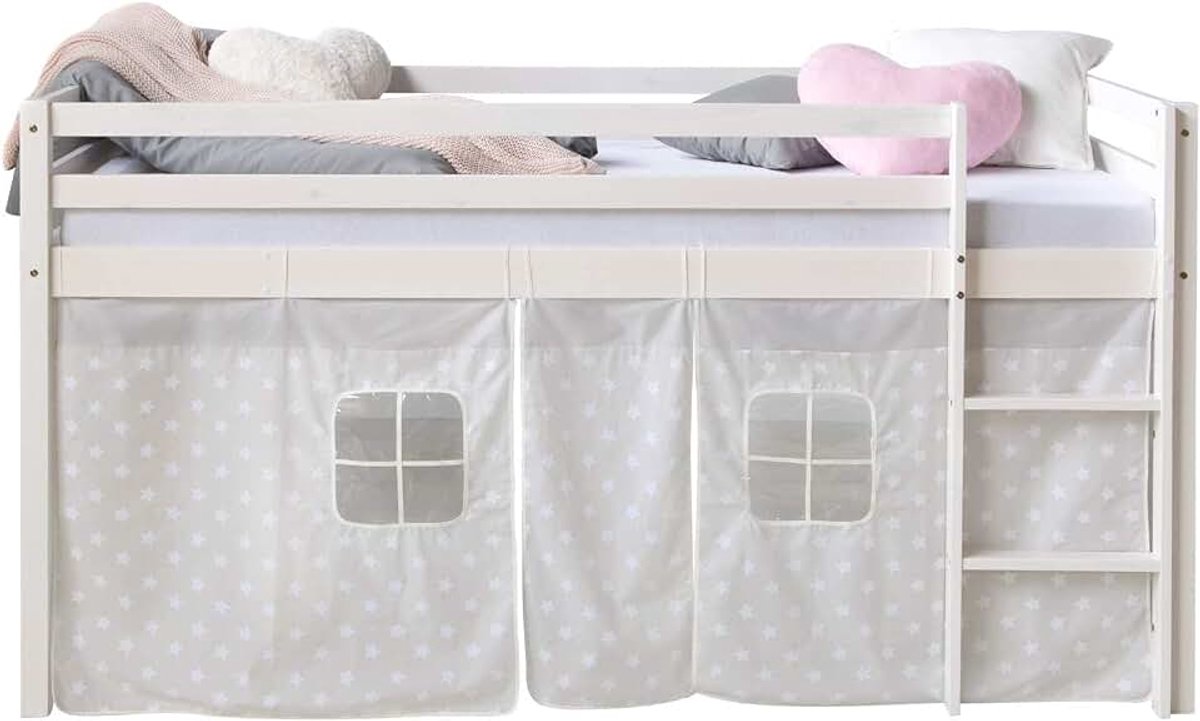 Hoogslaper 90x200 met trap wit - kinderbed met opbergruimte, grenen massief hout, jeugdbed veilig met bedomranding, gordijn sterren, kinderkamer meubels