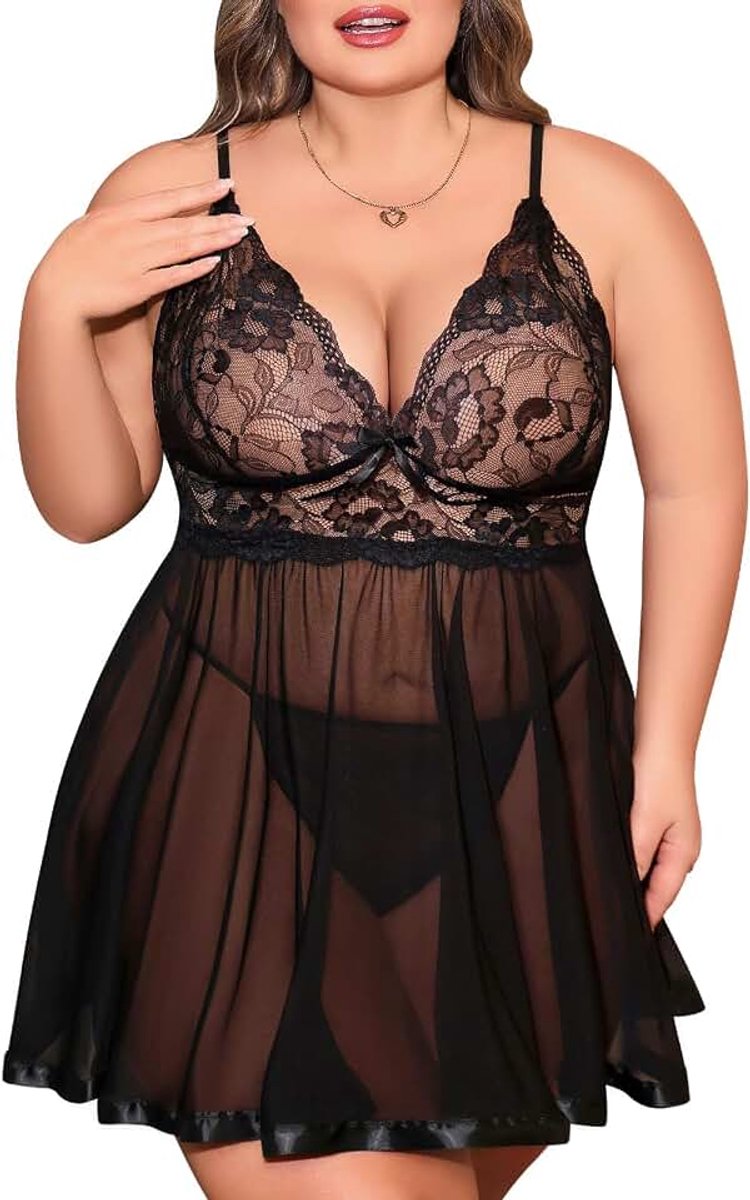 Lingerie nachthemd dames sexy ondergoed grote maten vrouwen babydoll kant sexy lingerie V-hals jarretelhouder nachtjurk Xl-4xl met string