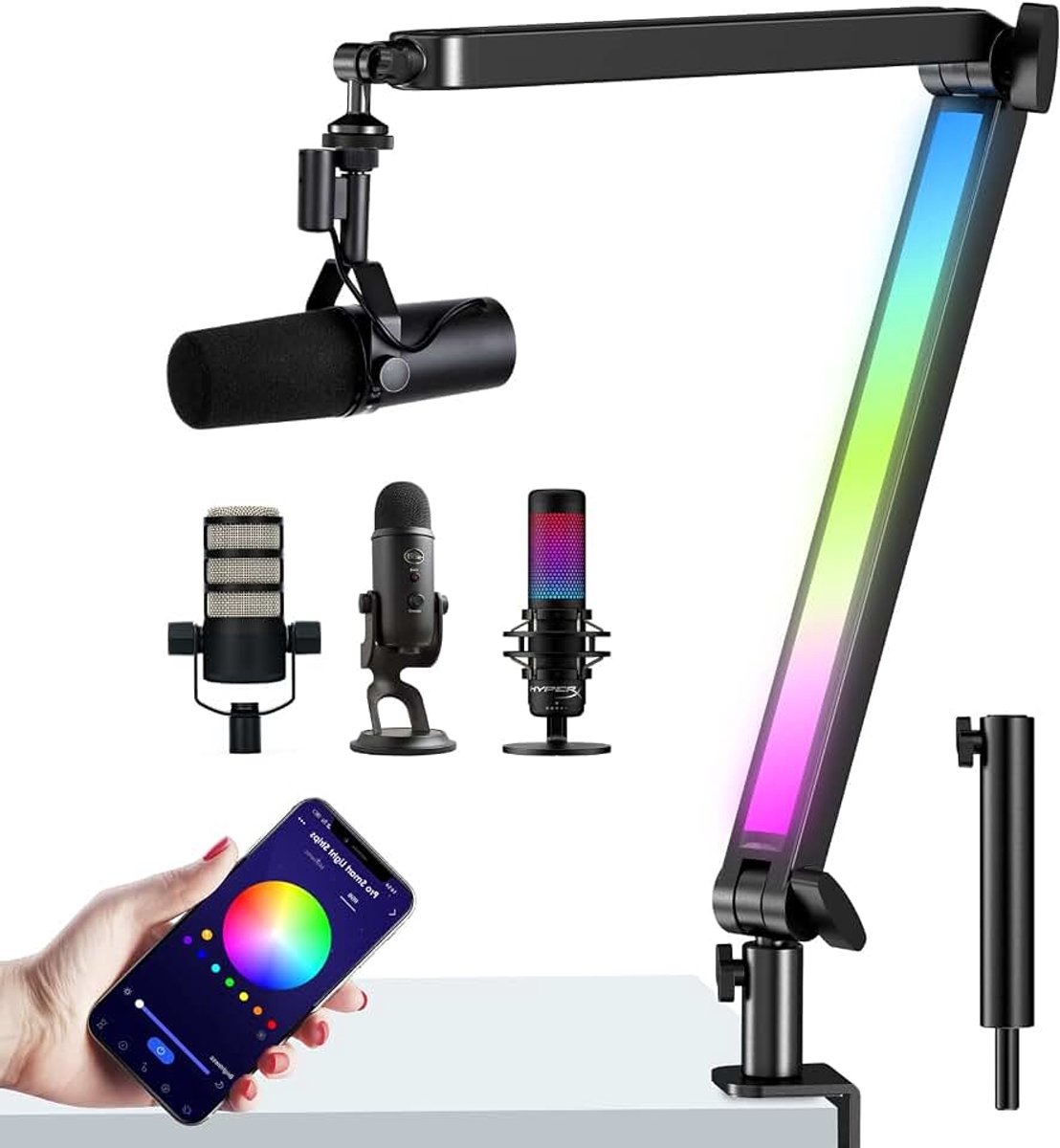 Mic Boom Arm met RGB-verlichting - Premium Microfoon Boom Arm Mic Stand voor HyperX QuadCast Mic, Blue Yeti Mic, Shure MV7 Mic en de meeste microfoons