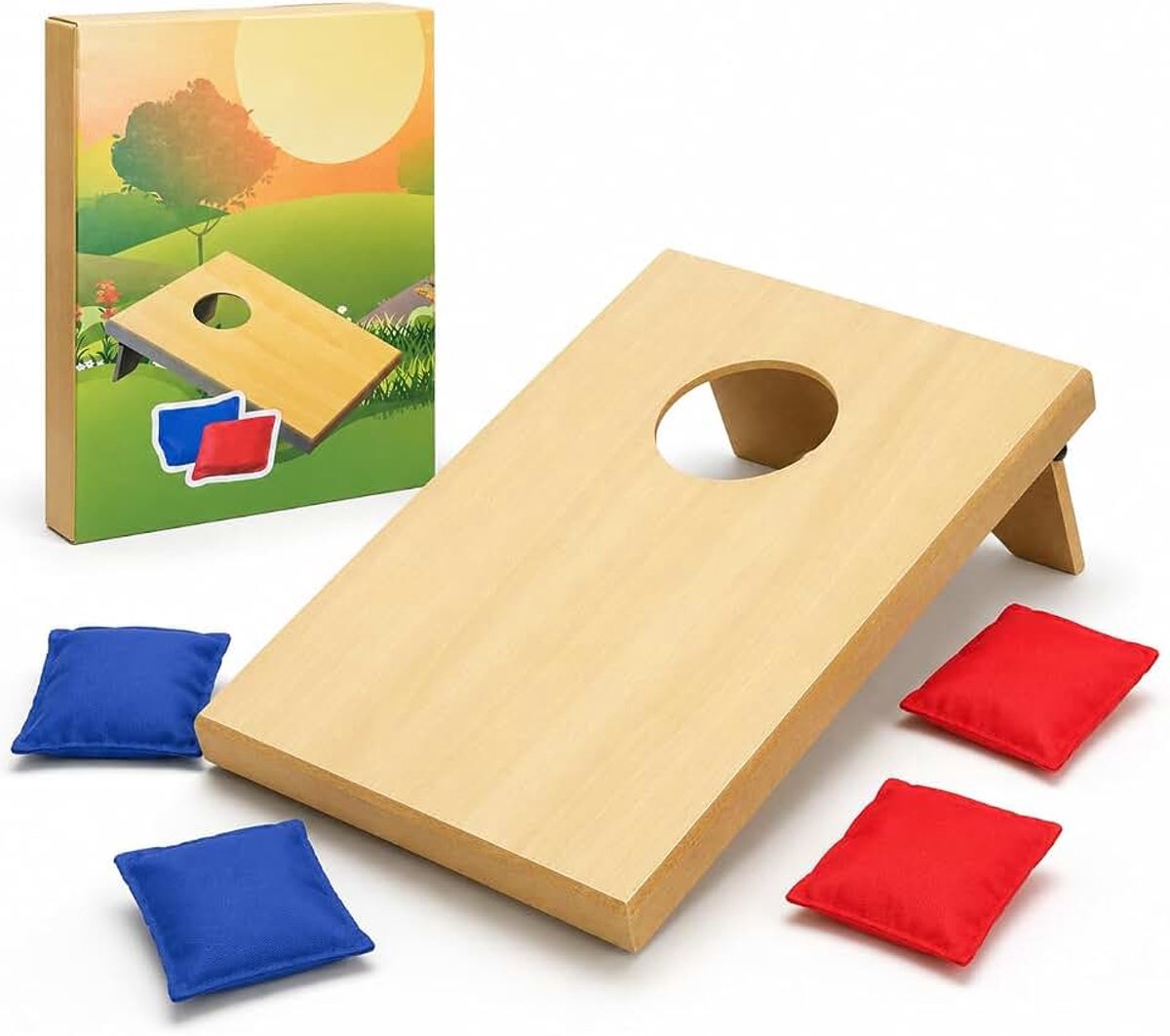 Cornhole werpset van hout, compacte 5-delige vrijetijdsset | Board 40 x 26,5 cm, 4 Bean Bags, inklapbare poten, rode en blauwe zakken, voor tuin, park, strand en camping