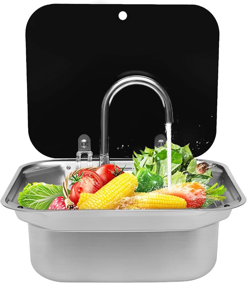 Roestvrij staal met 360° draaibare armatuur zwart 41 x 37 cm, keukenspoelbak inbouwspoelbak wastafel keuken granieten spoelbak klein voor camper camper keuken