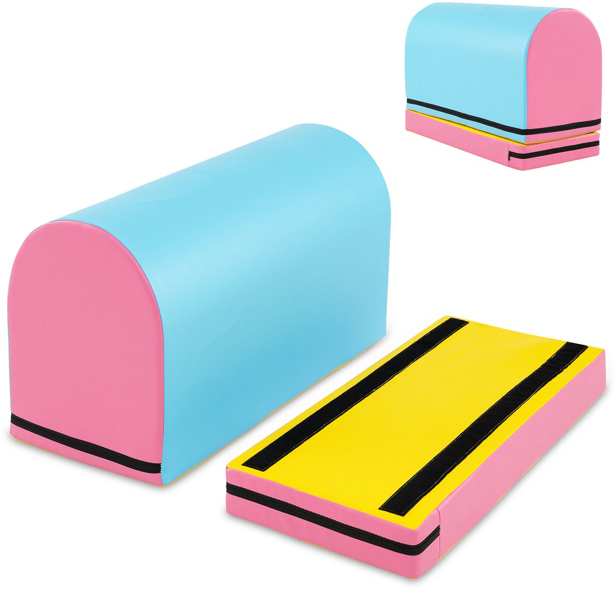 COSTWAY 2-delige softbouwstenen, schuimbouwstenen met turnmat om te turnen, springmat voor kinderen van 3-10 jaar, voor thuis, fitnessstudio, school (roze)