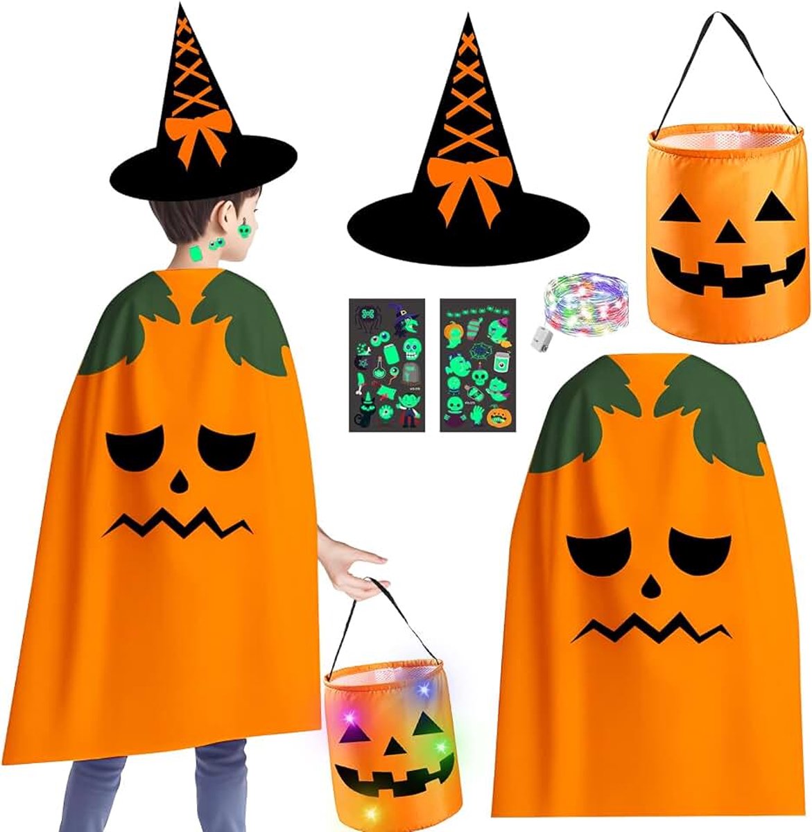 Halloweenkostuum voor kinderen, 5 stuks pompoenkostuum voor kinderen, met pompoen, snoepzak en hoed en nachtlampstickers, pompoen, Halloween, carnaval, cosplay, feestkleding voor kinderen van 3 tot 10