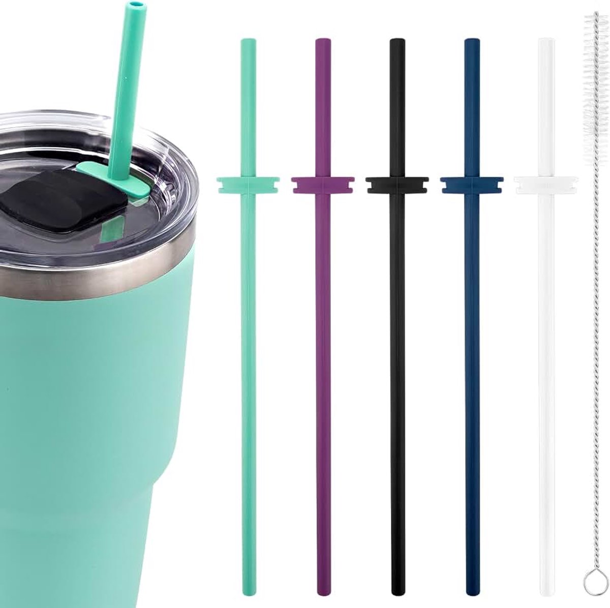 5 Siliconen Rietjes in 5 Kleuren - Zachte Vervangende Rietjes Met Borstel - Bekeraccessoires Voor Yeti Glass Met Magslider Deksel