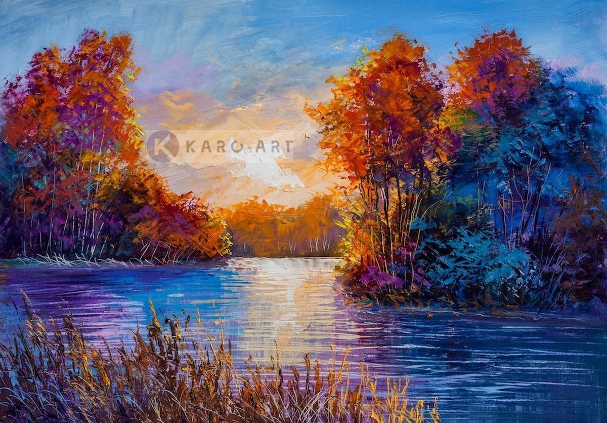 karo-art Schilderij - Herfst op de rivier - Print op canvas , Multikleur , 3 maten , Premium print
