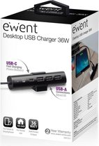 Ewent EW1317 - Netspanningsadapter - 36 Watt - Fast Charge - 4 uitgangsaansluitingen (3 x USB type A, USB-C met stroomtoevoer)