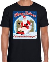 Fout Kerstshirt / t-shirt  - Merry shitmas who stole the toiletpaper - zwart voor heren - kerstkleding / kerst outfit S