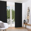 Zwarte gordijnen in een woonkamer met uitzicht op een tuin.