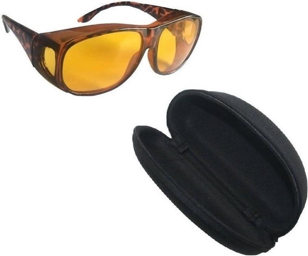 Nachtzicht bril bruin inclusief kunststof opberghoes / brillenkoker - volwassenen - nachtblind bril / nachtbril
